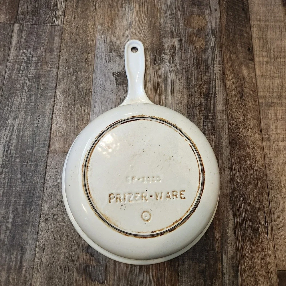 Vintage Prizer-Ware Enameled Cast Iron Skillet with Lid White Green Ivy 8 inch